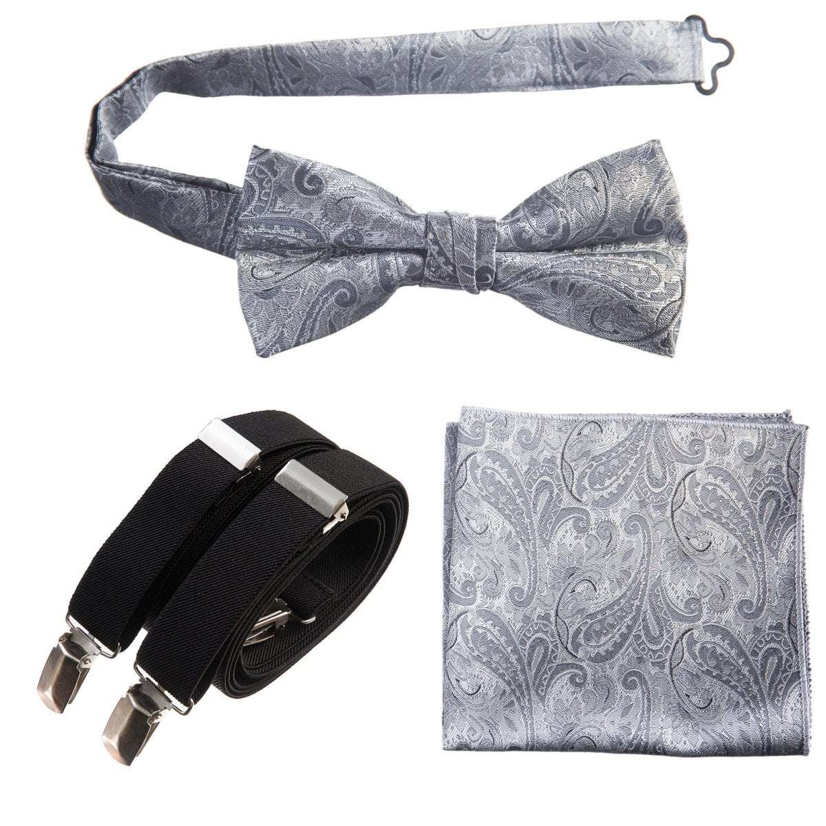 Pre-tied Bow Tie & Pocket Square Paisley Jacquard with Adjustable Stretch Suspender - Tuxgear