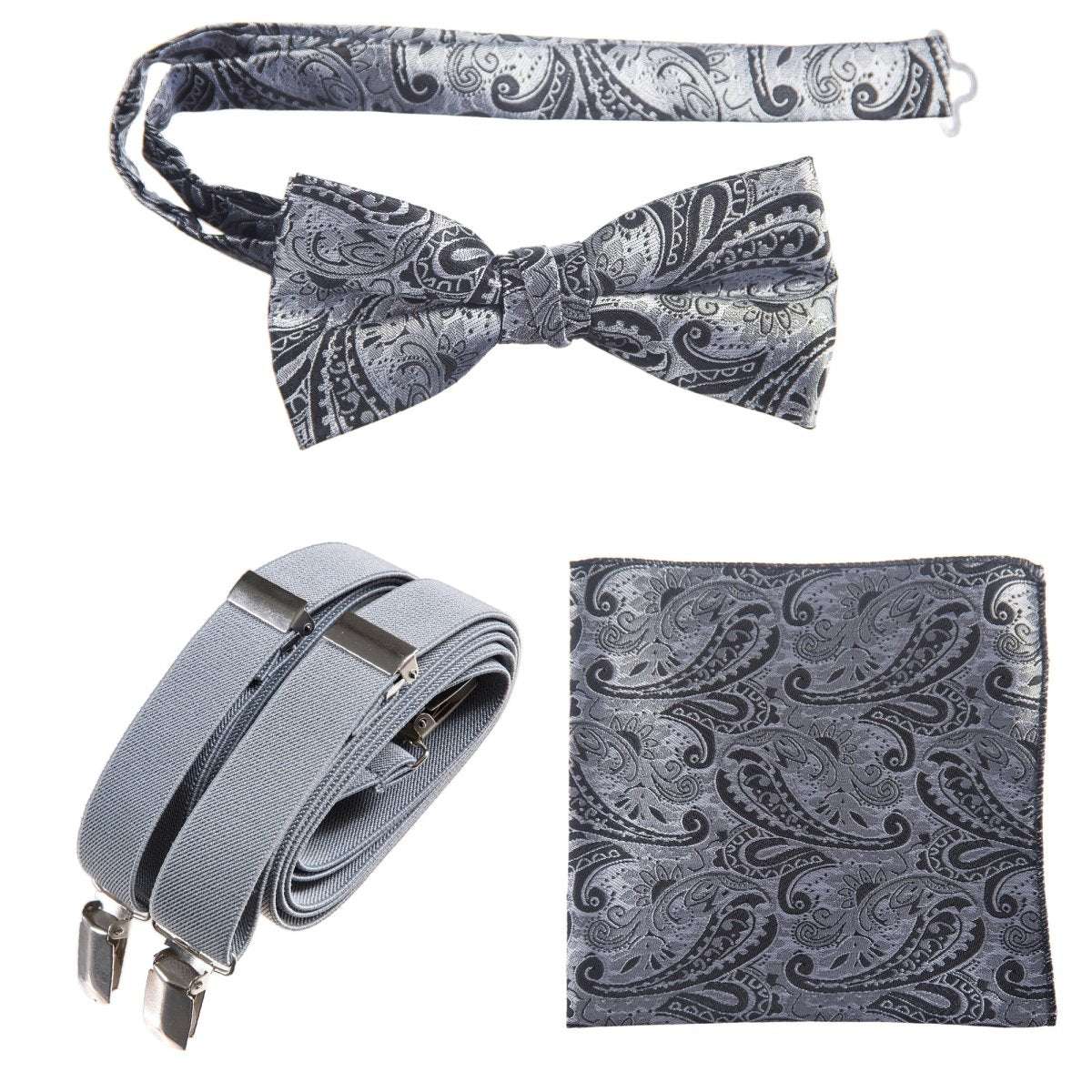 Pre-tied Bow Tie & Pocket Square Paisley Jacquard with Adjustable Stretch Suspender - Tuxgear