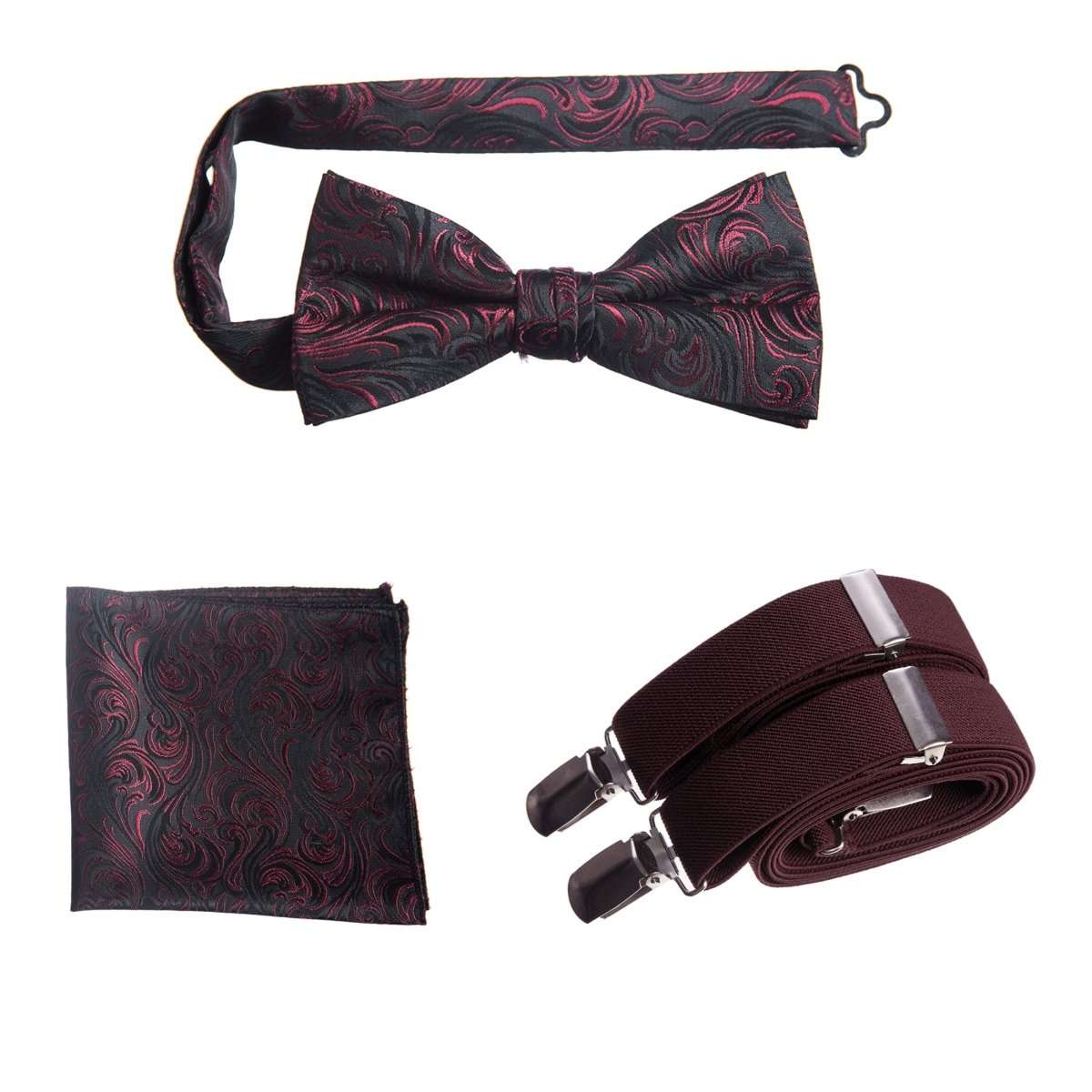 Pre-tied Bow Tie & Pocket Square Paisley Jacquard with Adjustable Stretch Suspender 