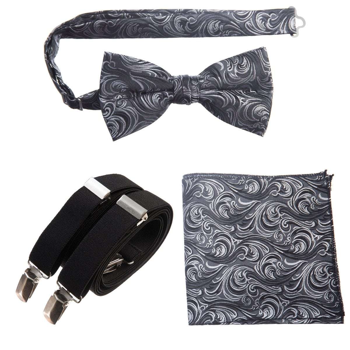 Pre-tied Bow Tie & Pocket Square Paisley Jacquard with Adjustable Stretch Suspender - Tuxgear