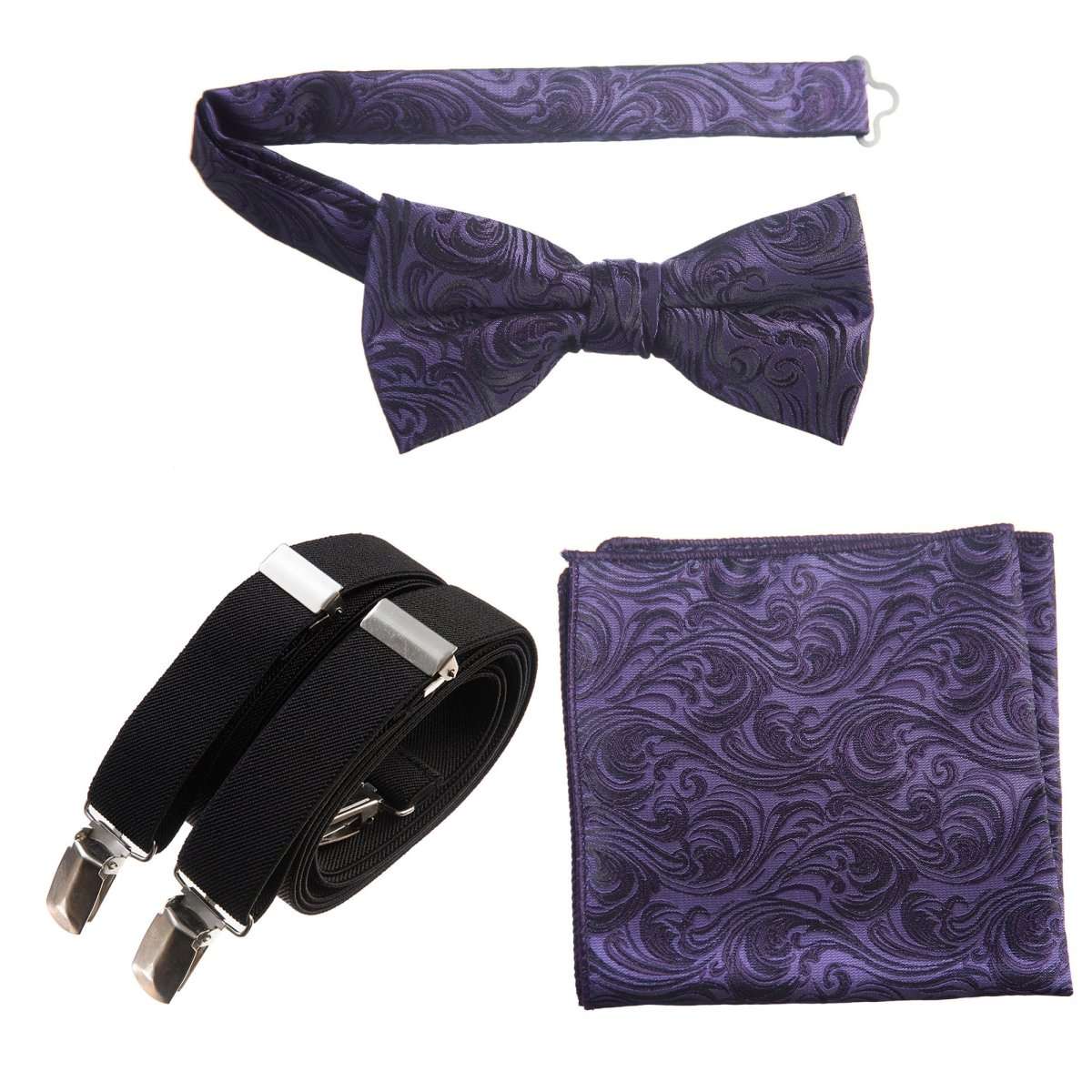 Pre-tied Bow Tie & Pocket Square Paisley Jacquard with Adjustable Stretch Suspender 