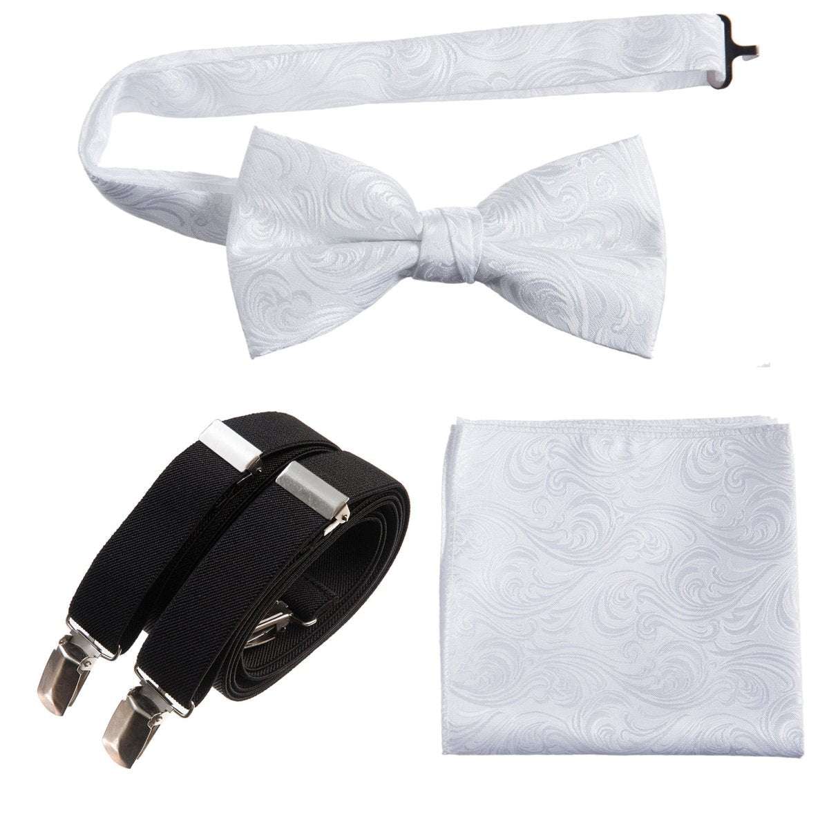 Pre-tied Bow Tie & Pocket Square Paisley Jacquard with Adjustable Stretch Suspender - Tuxgear