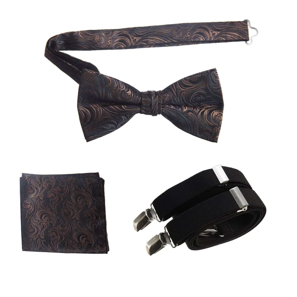 Pre-tied Bow Tie & Pocket Square Paisley Jacquard with Adjustable Stretch Suspender 