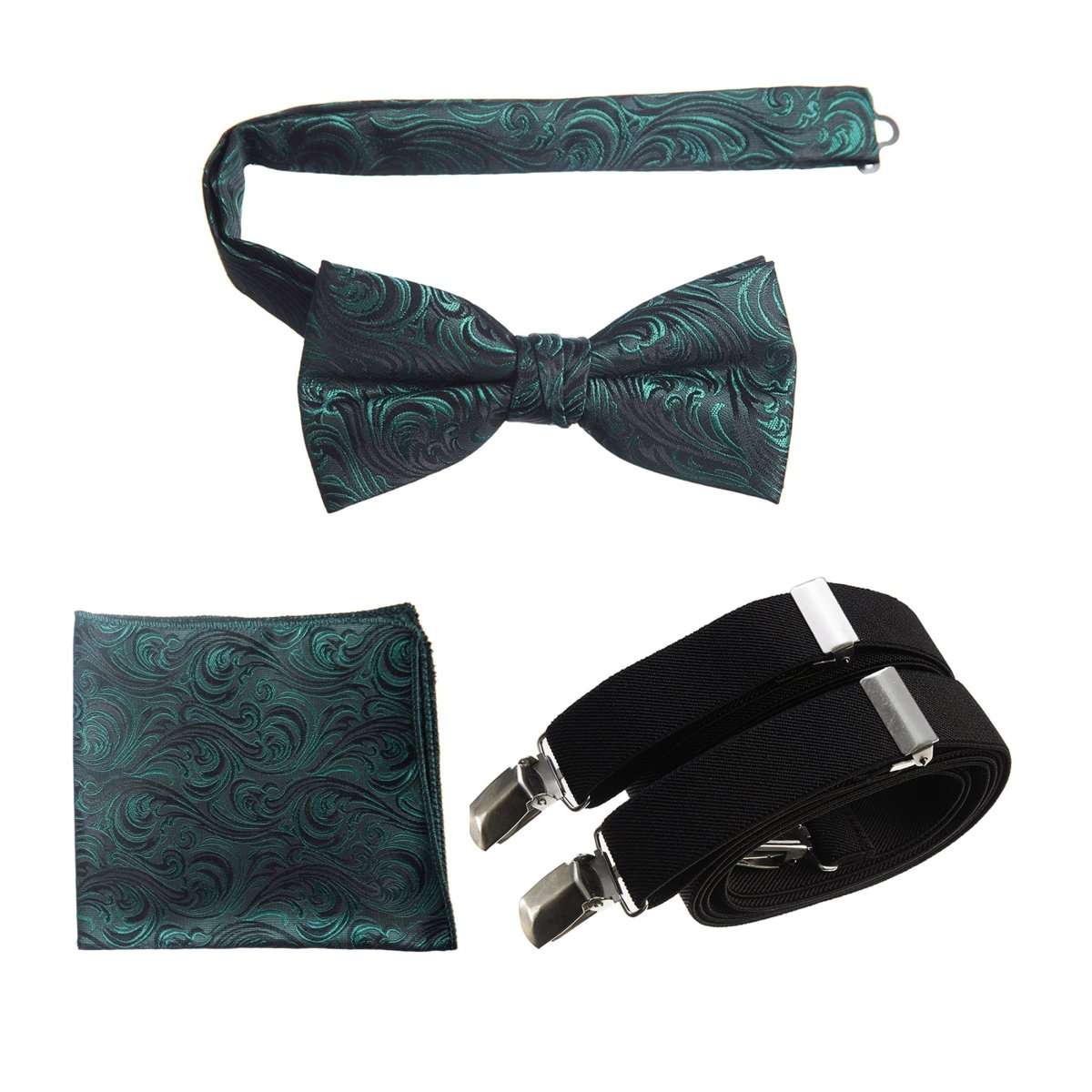 Pre-tied Bow Tie & Pocket Square Paisley Jacquard with Adjustable Stretch Suspender 