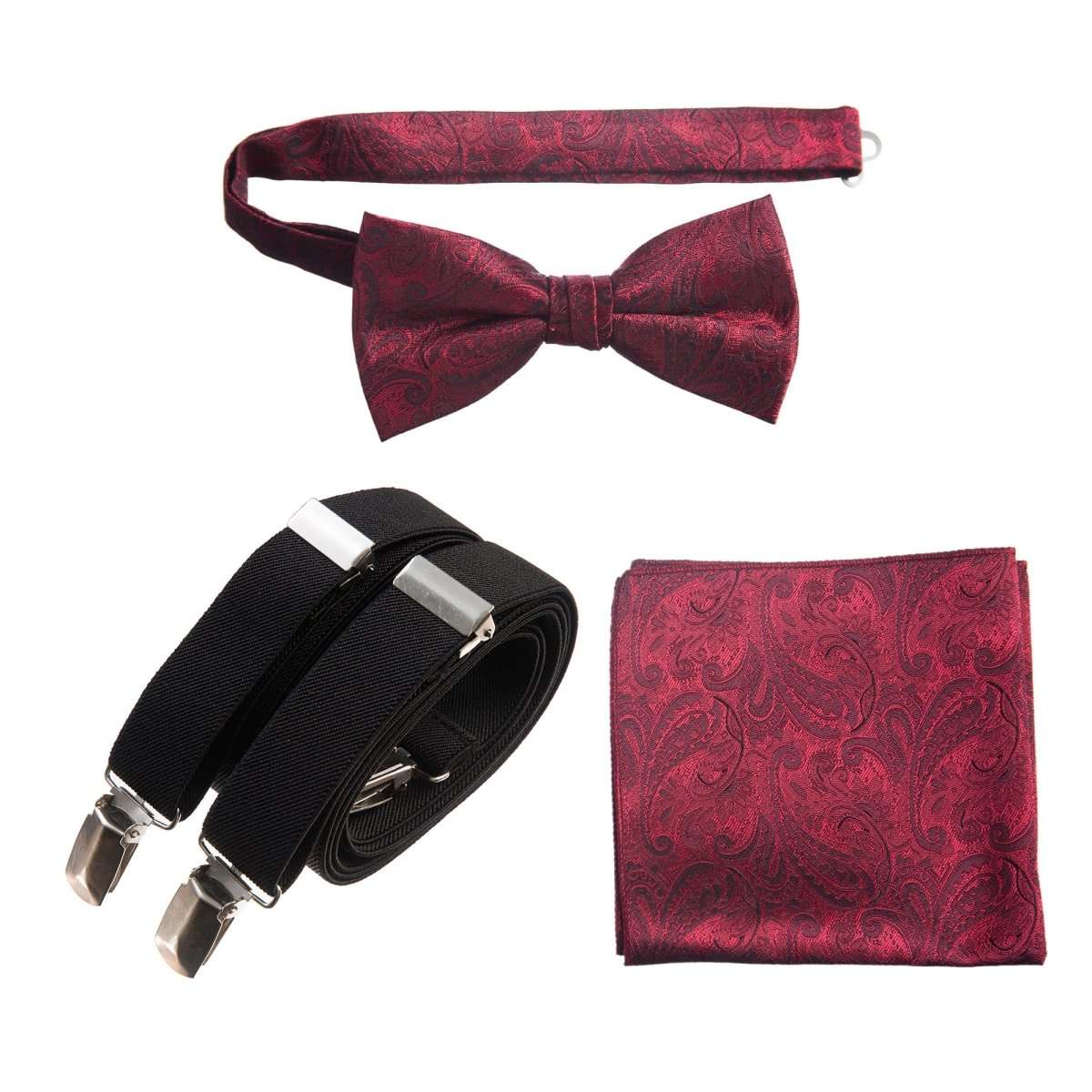 Pre-tied Bow Tie & Pocket Square Paisley Jacquard with Adjustable Stretch Suspender 