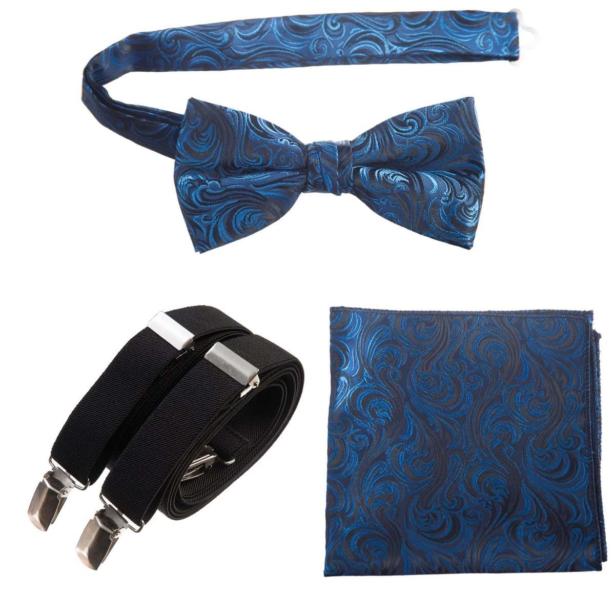 Pre-tied Bow Tie & Pocket Square Paisley Jacquard with Adjustable Stretch Suspender - Tuxgear