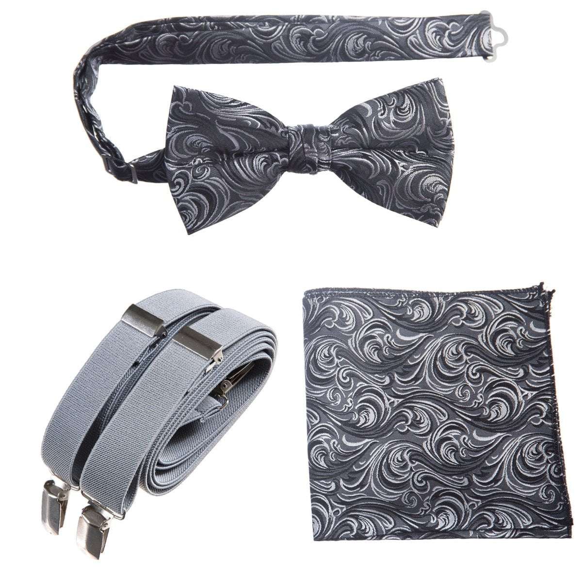 Pre-tied Bow Tie & Pocket Square Paisley Jacquard with Adjustable Stretch Suspender - Tuxgear