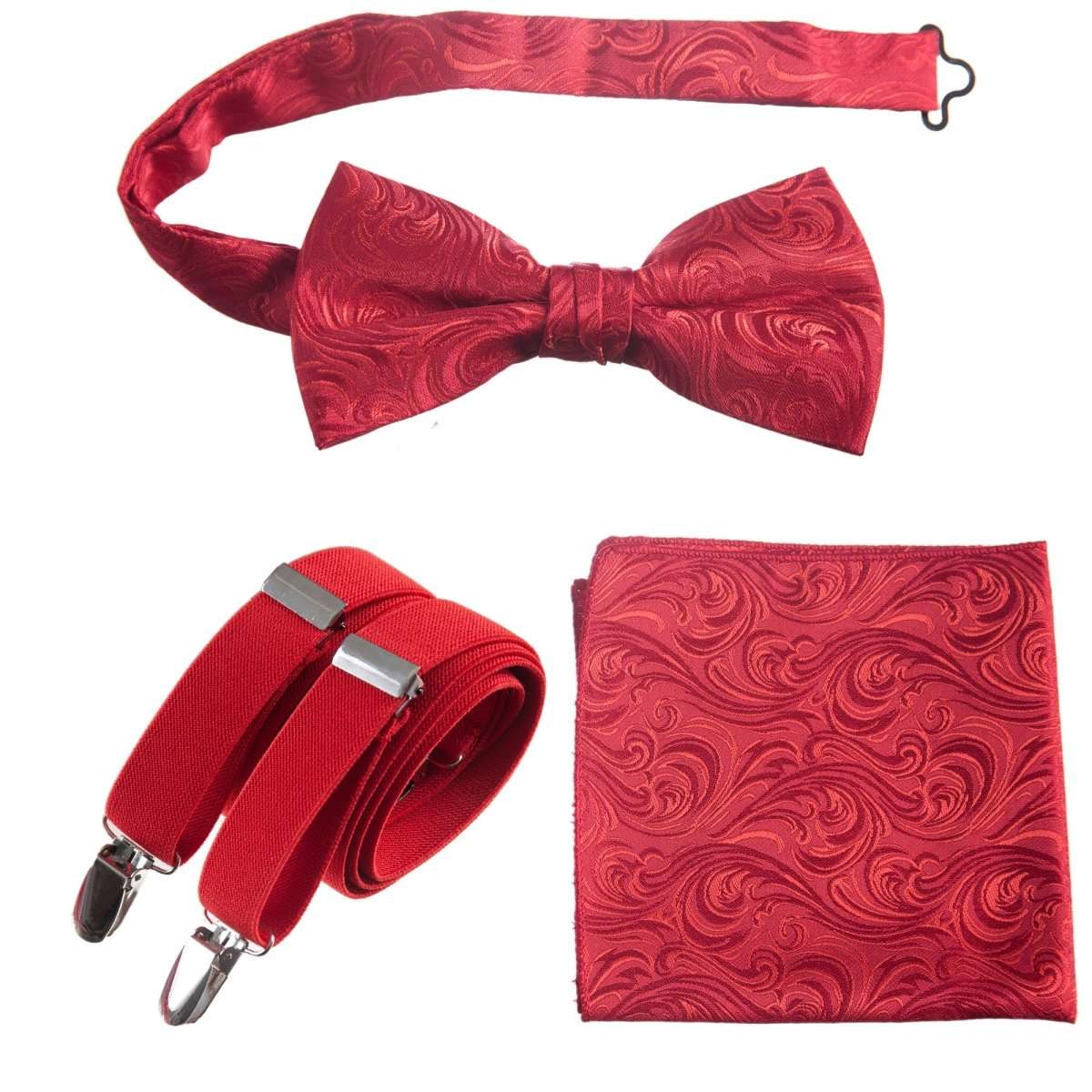 Pre-tied Bow Tie & Pocket Square Paisley Jacquard with Adjustable Stretch Suspender - Tuxgear