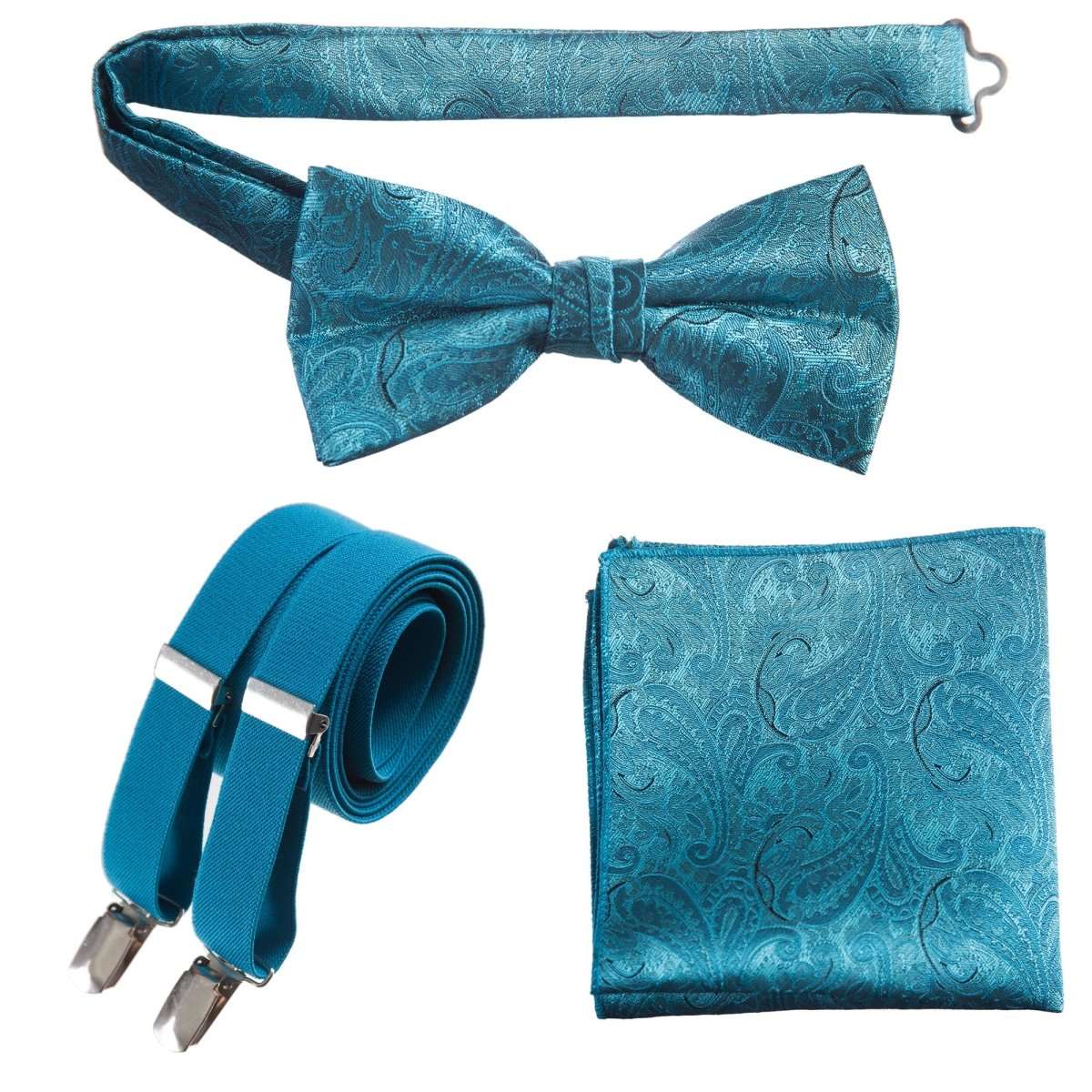 Pre-tied Bow Tie & Pocket Square Paisley Jacquard with Adjustable Stretch Suspender - Tuxgear