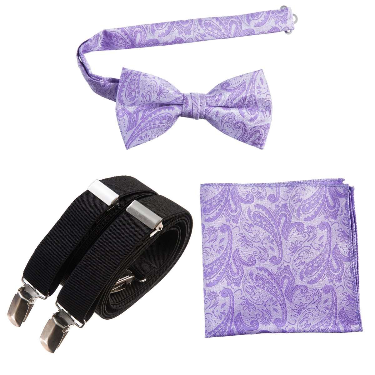 Pre-tied Bow Tie & Pocket Square Paisley Jacquard with Adjustable Stretch Suspender 