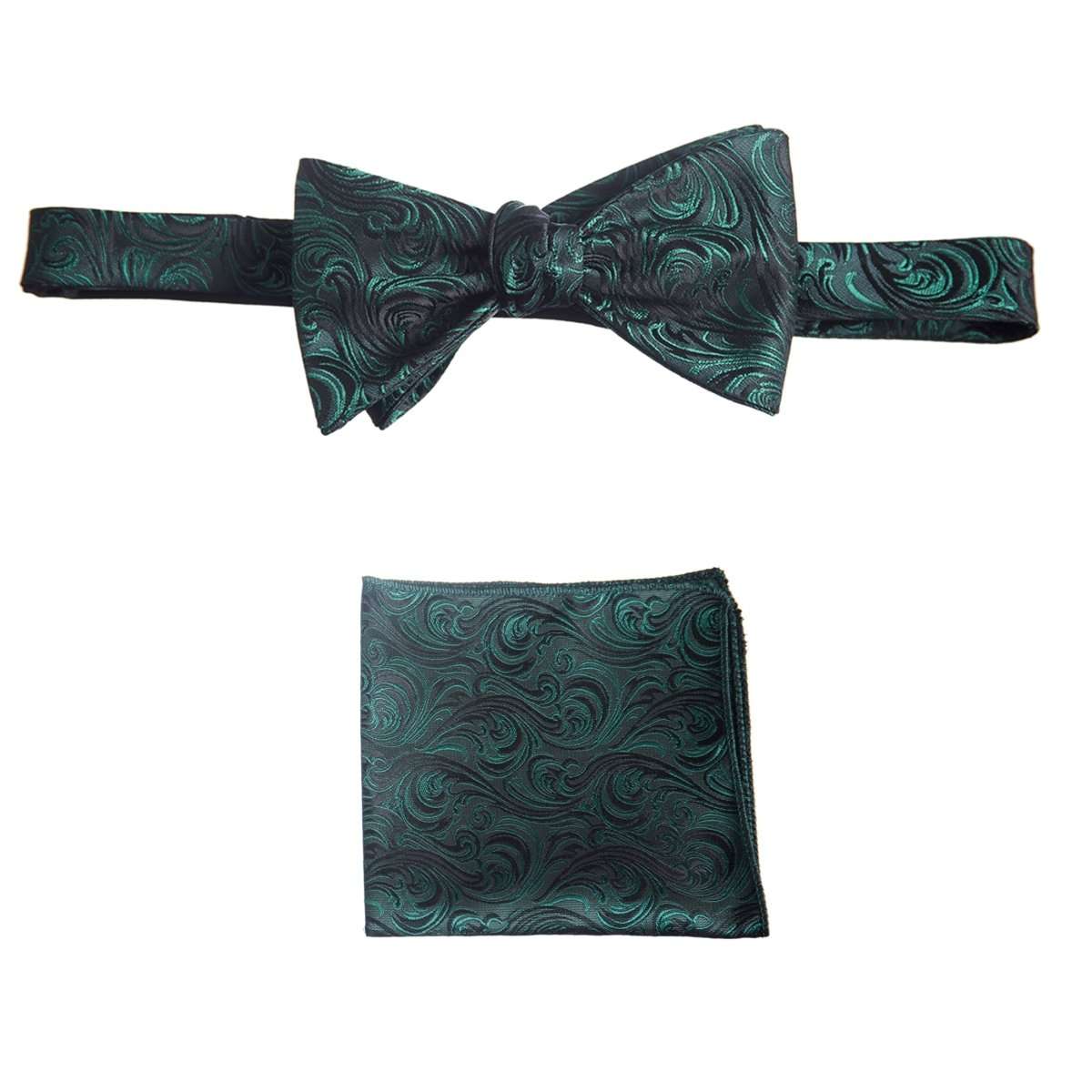 Self Tie Bow Tie and Pocket Square Handkerchief Set of Satin Paisley Jacquard 