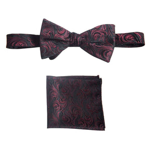 Self Tie Bow Tie and Pocket Square Handkerchief Set of Satin Paisley Jacquard 