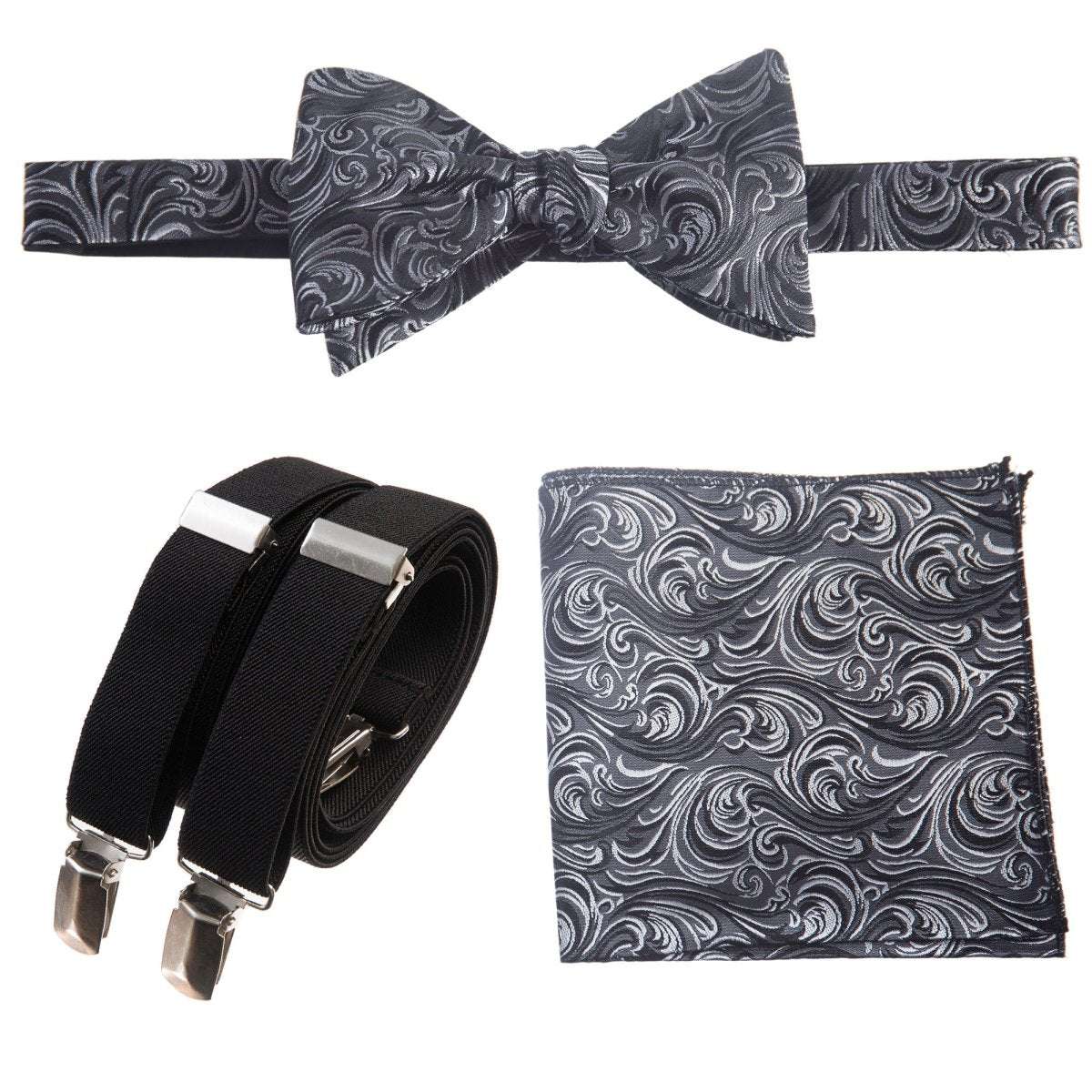 Self-tie Bow Tie & Pocket Square Paisley Jacquard with Adjustable Stretch Suspender - Tuxgear