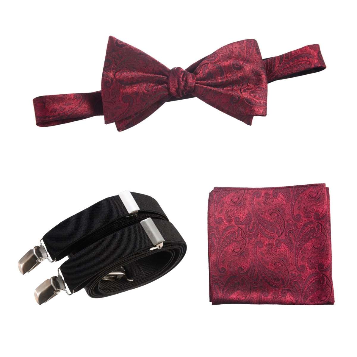 Self-tie Bow Tie & Pocket Square Paisley Jacquard with Adjustable Stretch Suspender 