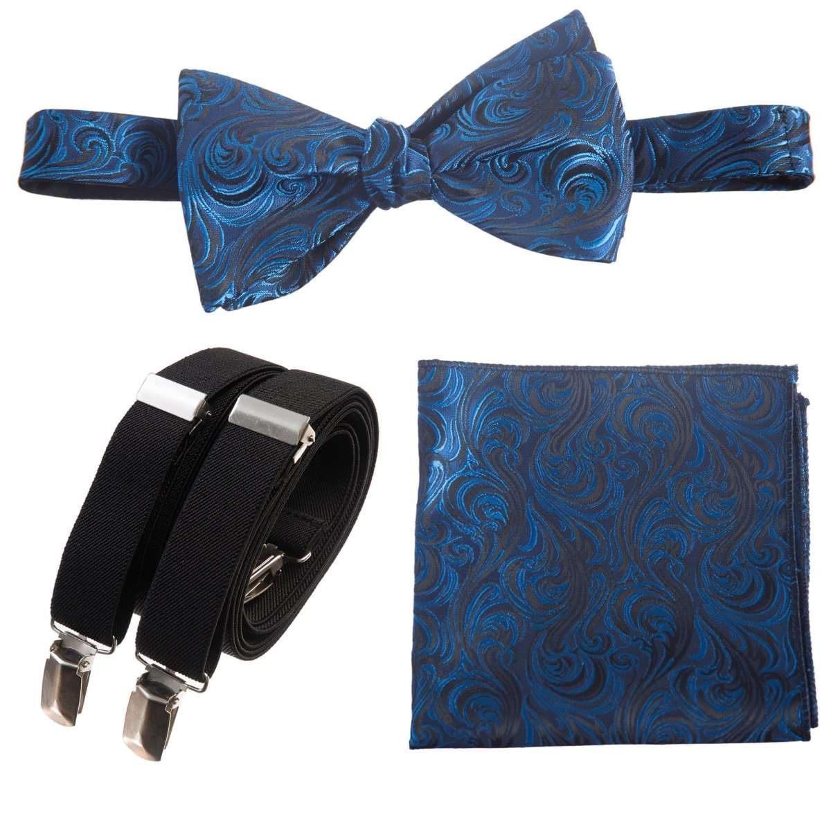 Self-tie Bow Tie & Pocket Square Paisley Jacquard with Adjustable Stretch Suspender - Tuxgear