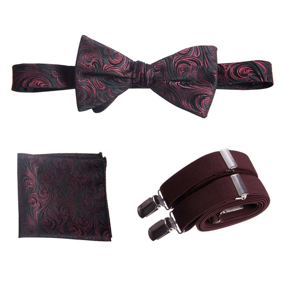 Self-tie Bow Tie & Pocket Square Paisley Jacquard with Adjustable Stretch Suspender 