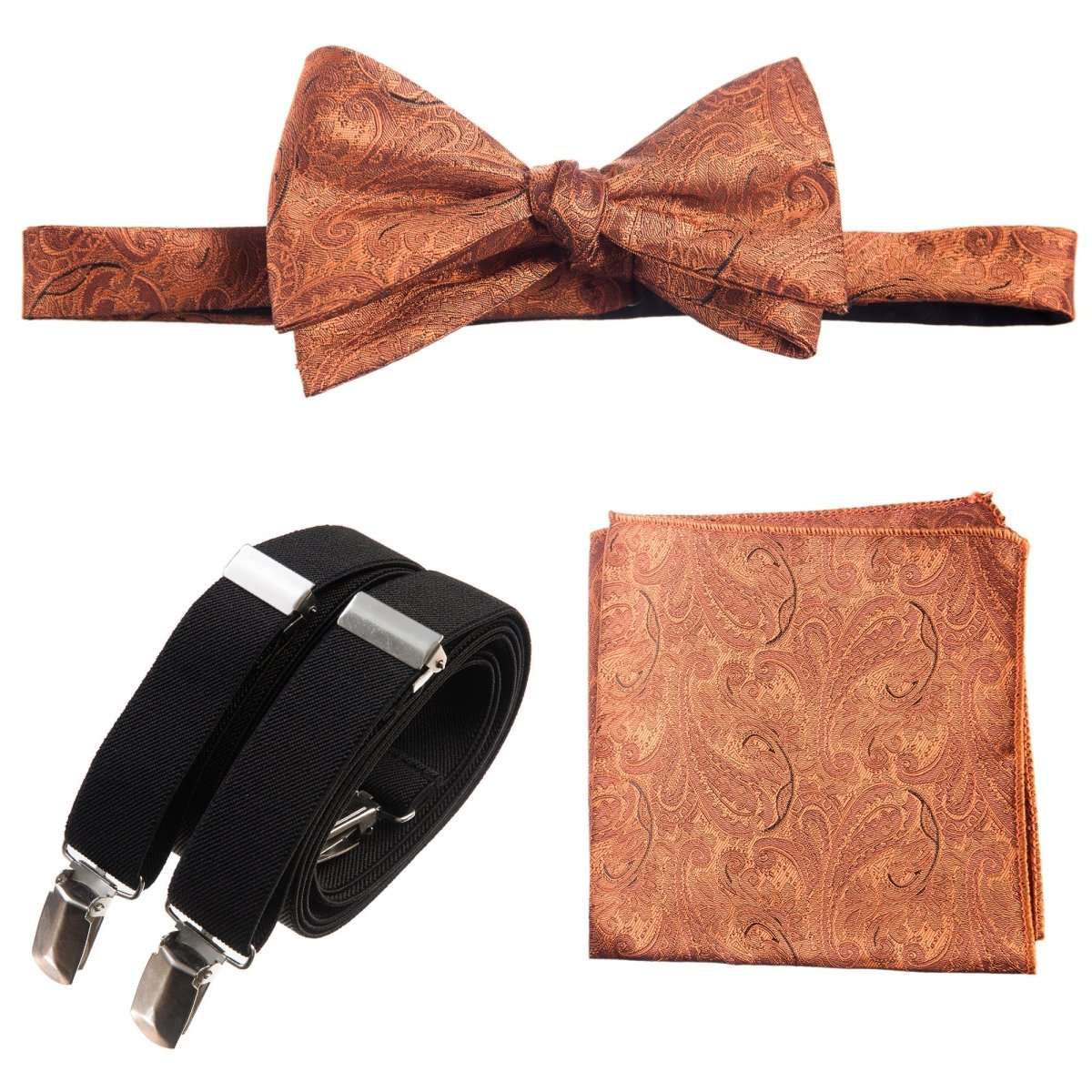 Self-tie Bow Tie & Pocket Square Paisley Jacquard with Adjustable Stretch Suspender 