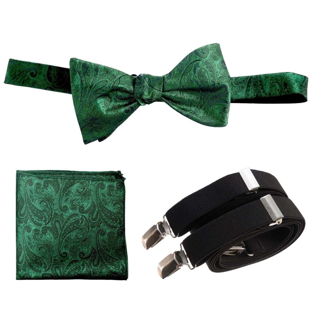 Self-tie Bow Tie & Pocket Square Paisley Jacquard with Adjustable Stretch Suspender 