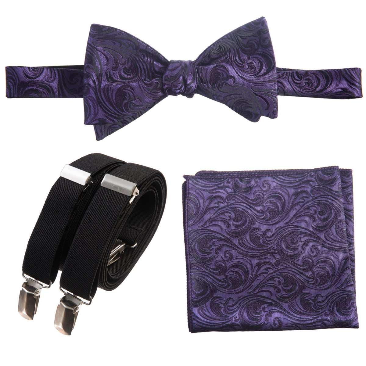 Self-tie Bow Tie & Pocket Square Paisley Jacquard with Adjustable Stretch Suspender 