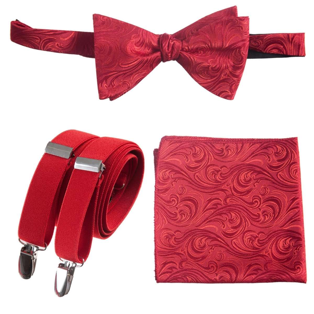 Self-tie Bow Tie & Pocket Square Paisley Jacquard with Adjustable Stretch Suspender - Tuxgear