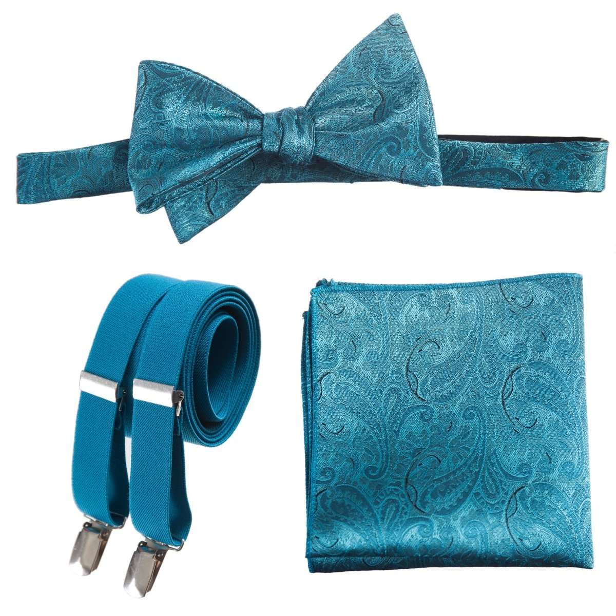 Self-tie Bow Tie & Pocket Square Paisley Jacquard with Adjustable Stretch Suspender - Tuxgear