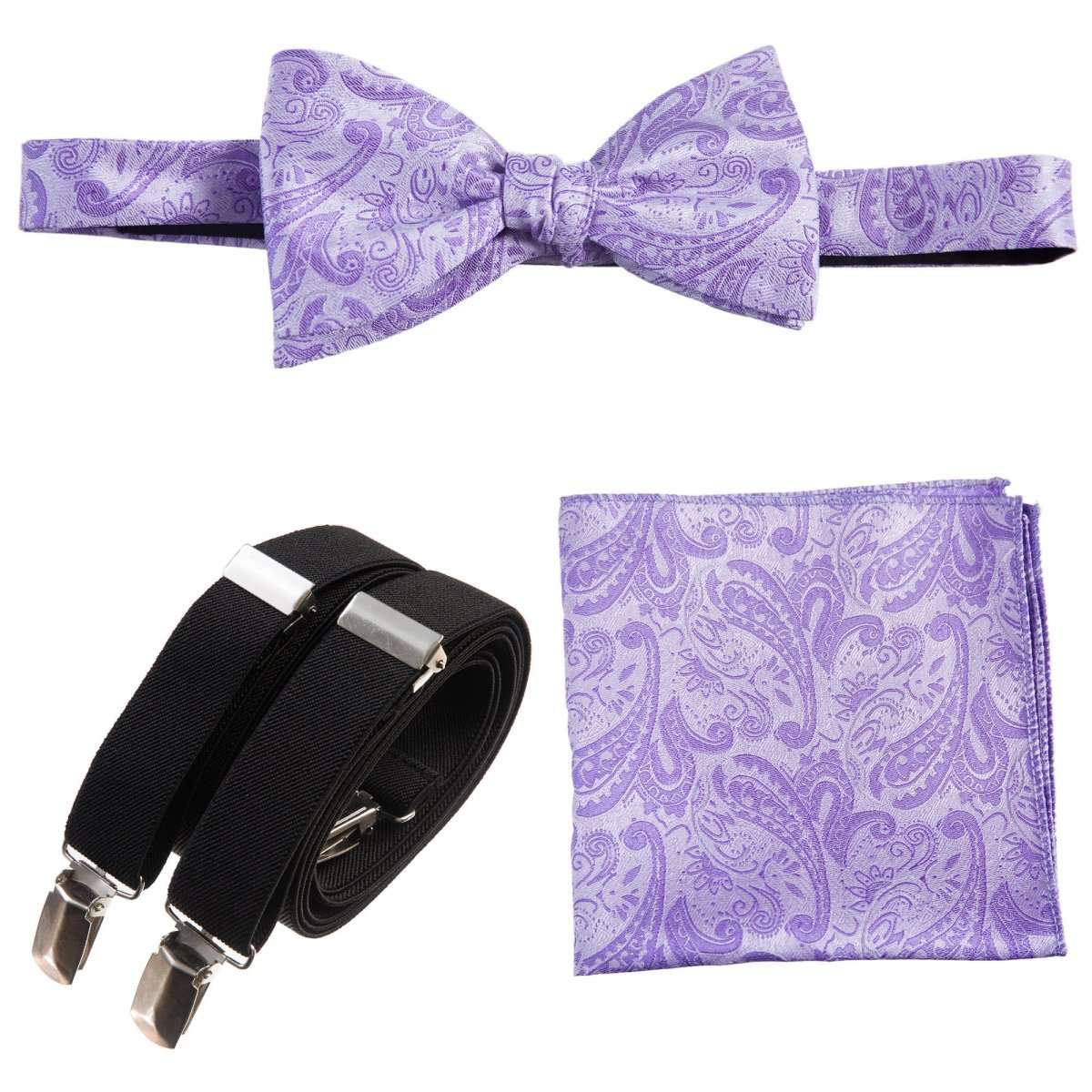 Self-tie Bow Tie & Pocket Square Paisley Jacquard with Adjustable Stretch Suspender 