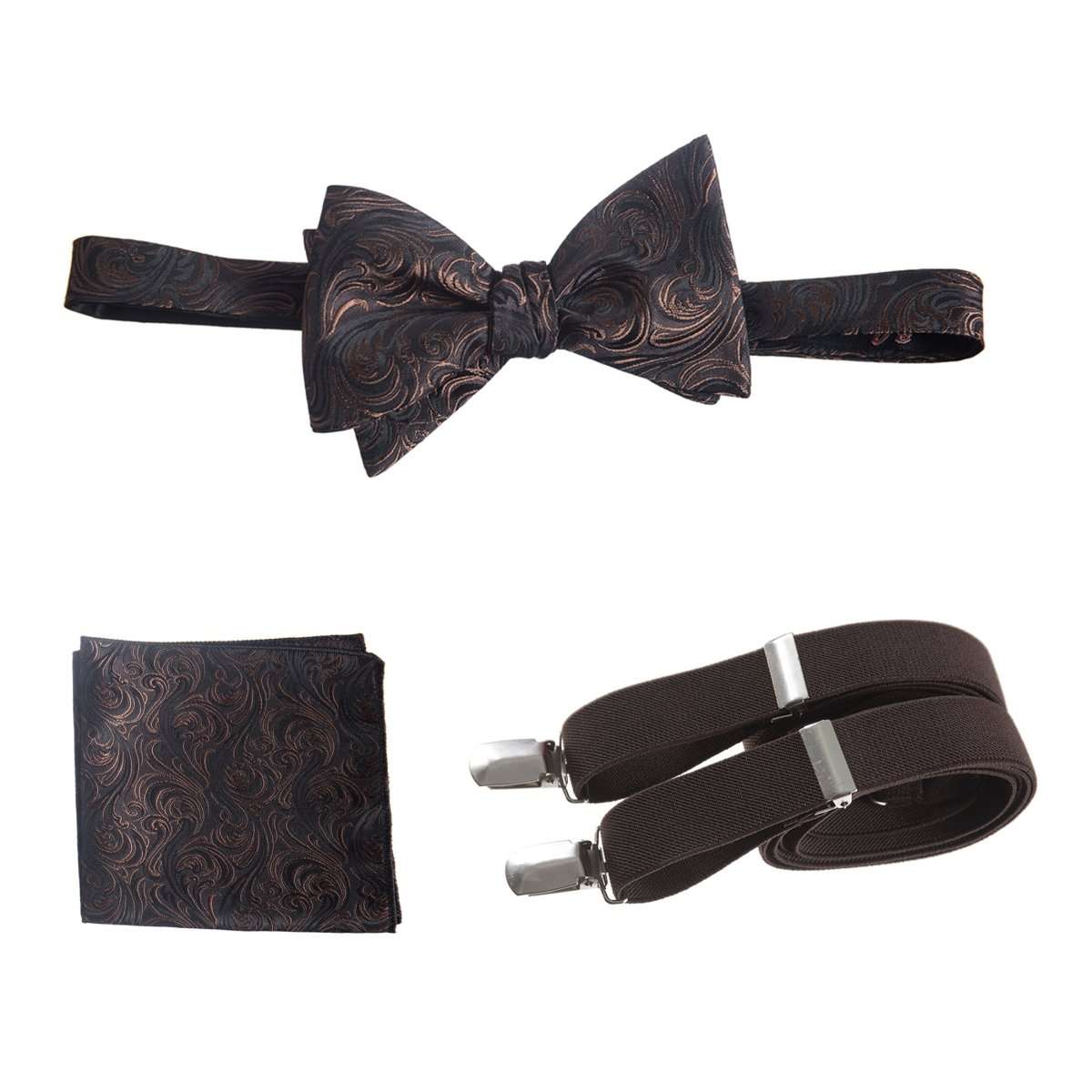 Self-tie Bow Tie & Pocket Square Paisley Jacquard with Adjustable Stretch Suspender 