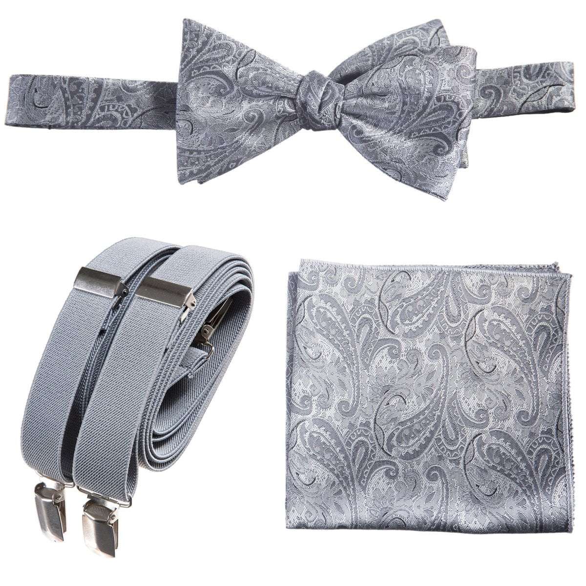 Self-tie Bow Tie & Pocket Square Paisley Jacquard with Adjustable Stretch Suspender - Tuxgear