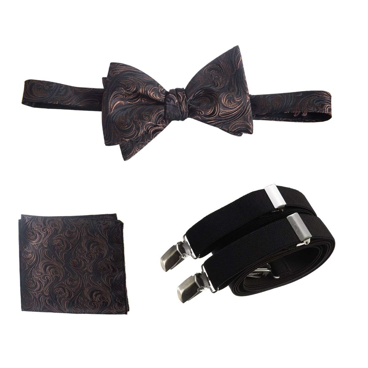 Self-tie Bow Tie & Pocket Square Paisley Jacquard with Adjustable Stretch Suspender 