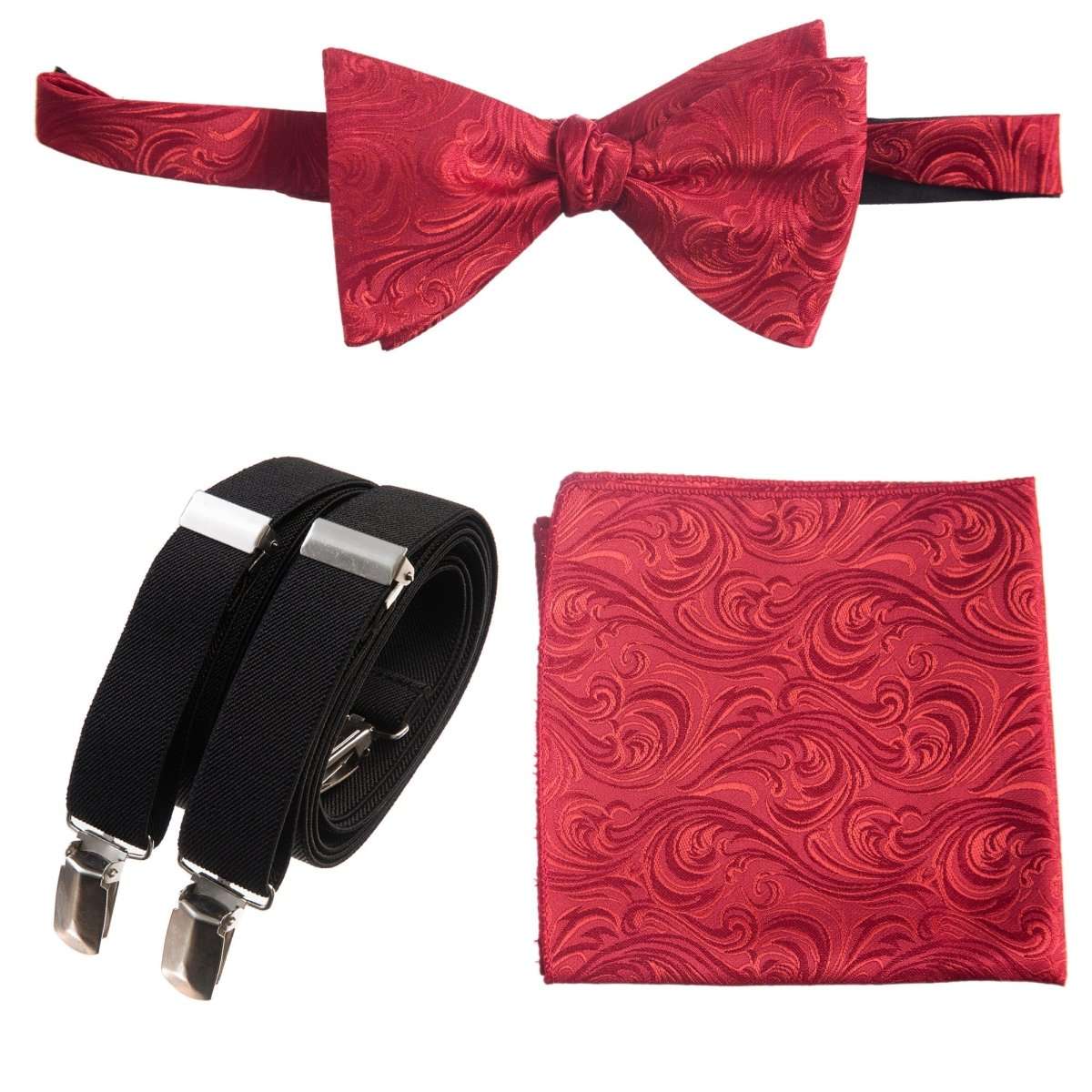 Self-tie Bow Tie & Pocket Square Paisley Jacquard with Adjustable Stretch Suspender - Tuxgear