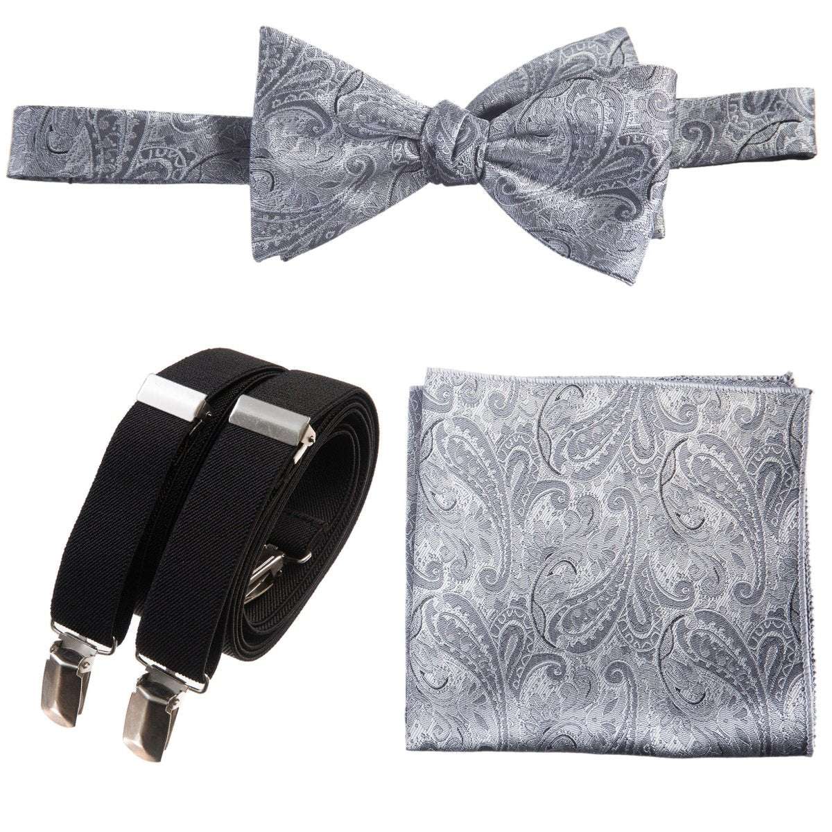 Self-tie Bow Tie & Pocket Square Paisley Jacquard with Adjustable Stretch Suspender - Tuxgear