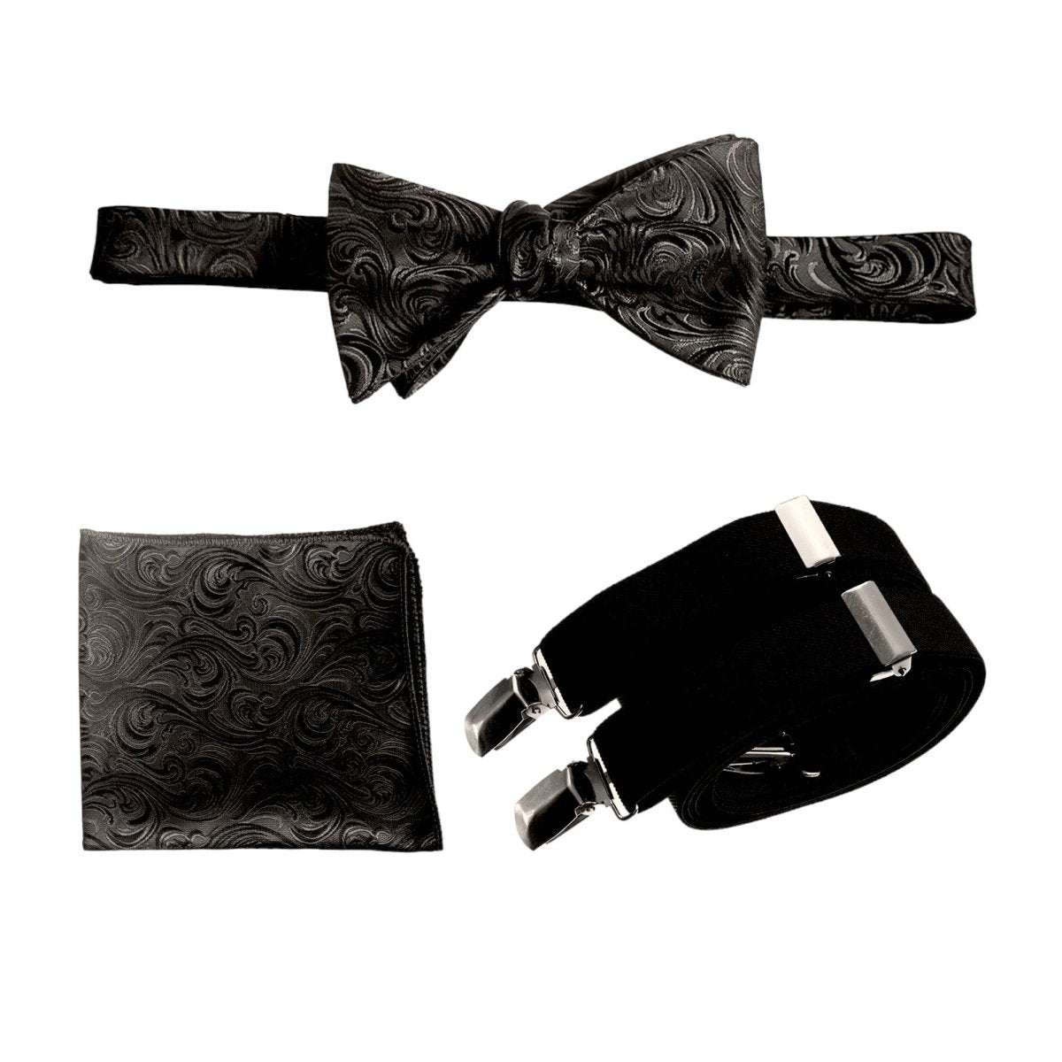 Self-tie Bow Tie & Pocket Square Paisley Jacquard with Adjustable Stretch Suspender 