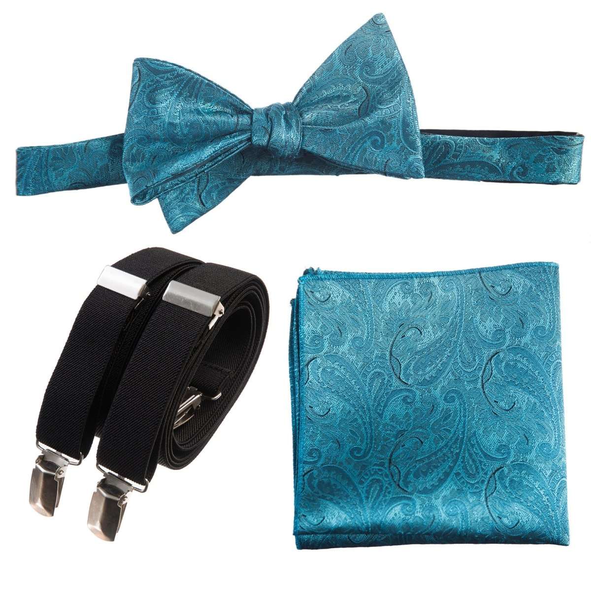 Self-tie Bow Tie & Pocket Square Paisley Jacquard with Adjustable Stretch Suspender - Tuxgear