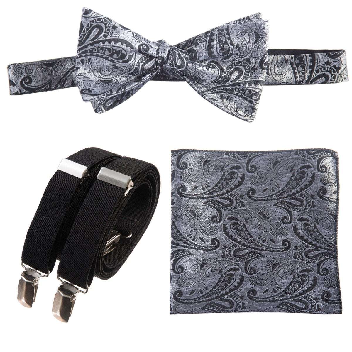 Self-tie Bow Tie & Pocket Square Paisley Jacquard with Adjustable Stretch Suspender - Tuxgear