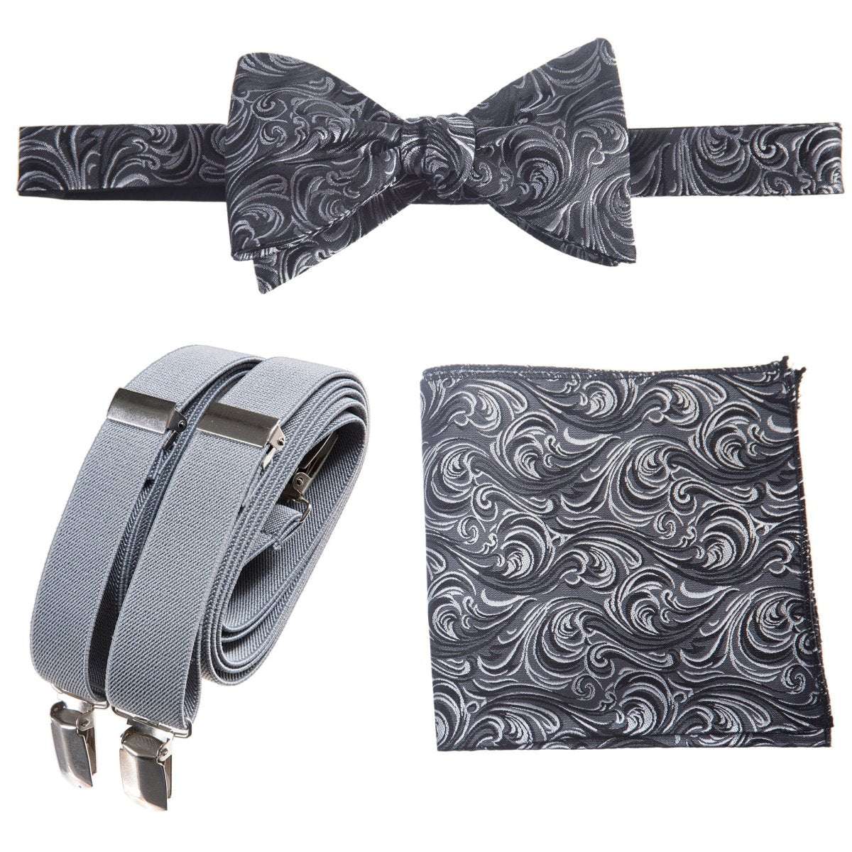 Self-tie Bow Tie & Pocket Square Paisley Jacquard with Adjustable Stretch Suspender - Tuxgear