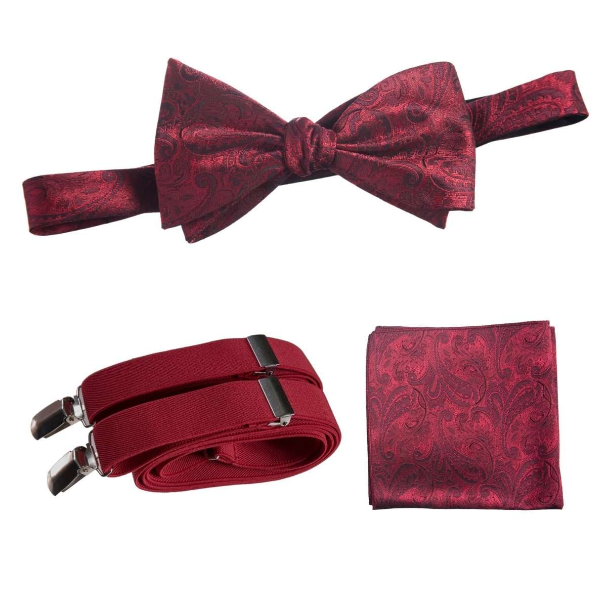 Self-tie Bow Tie & Pocket Square Paisley Jacquard with Adjustable Stretch Suspender 