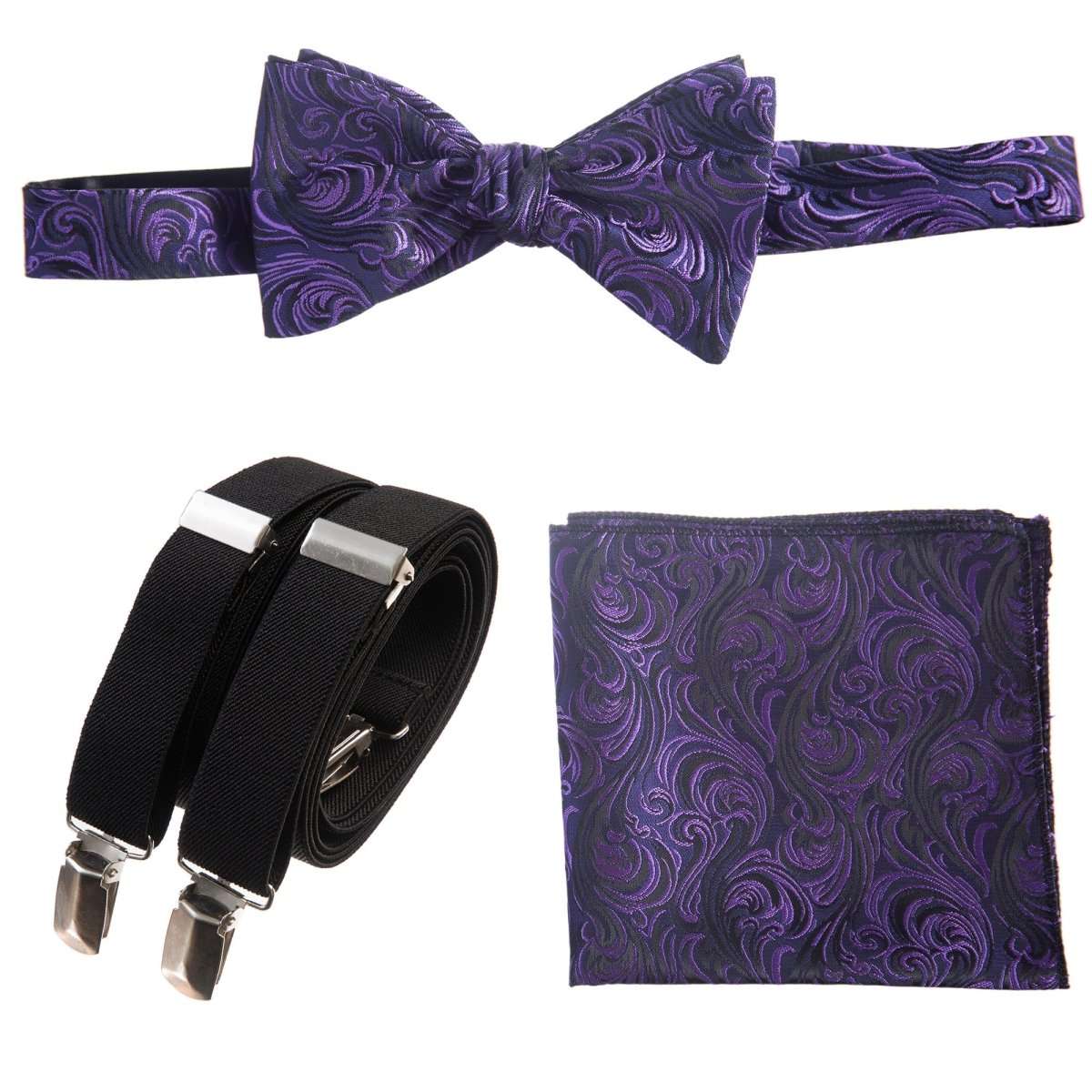 Self-tie Bow Tie & Pocket Square Paisley Jacquard with Adjustable Stretch Suspender 