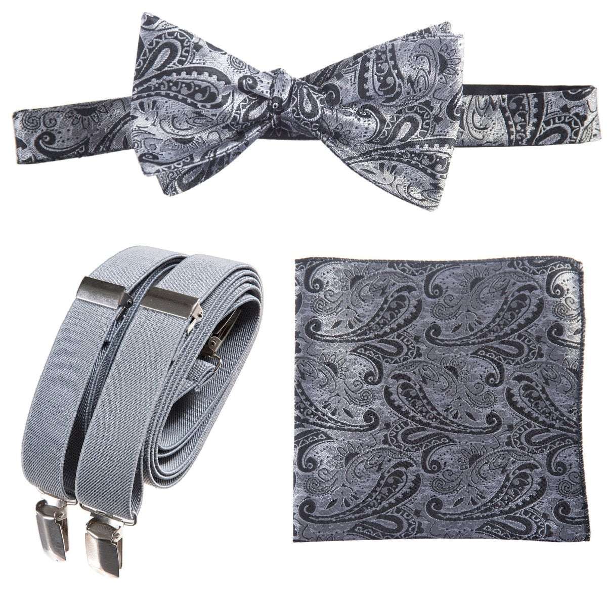 Self-tie Bow Tie & Pocket Square Paisley Jacquard with Adjustable Stretch Suspender - Tuxgear