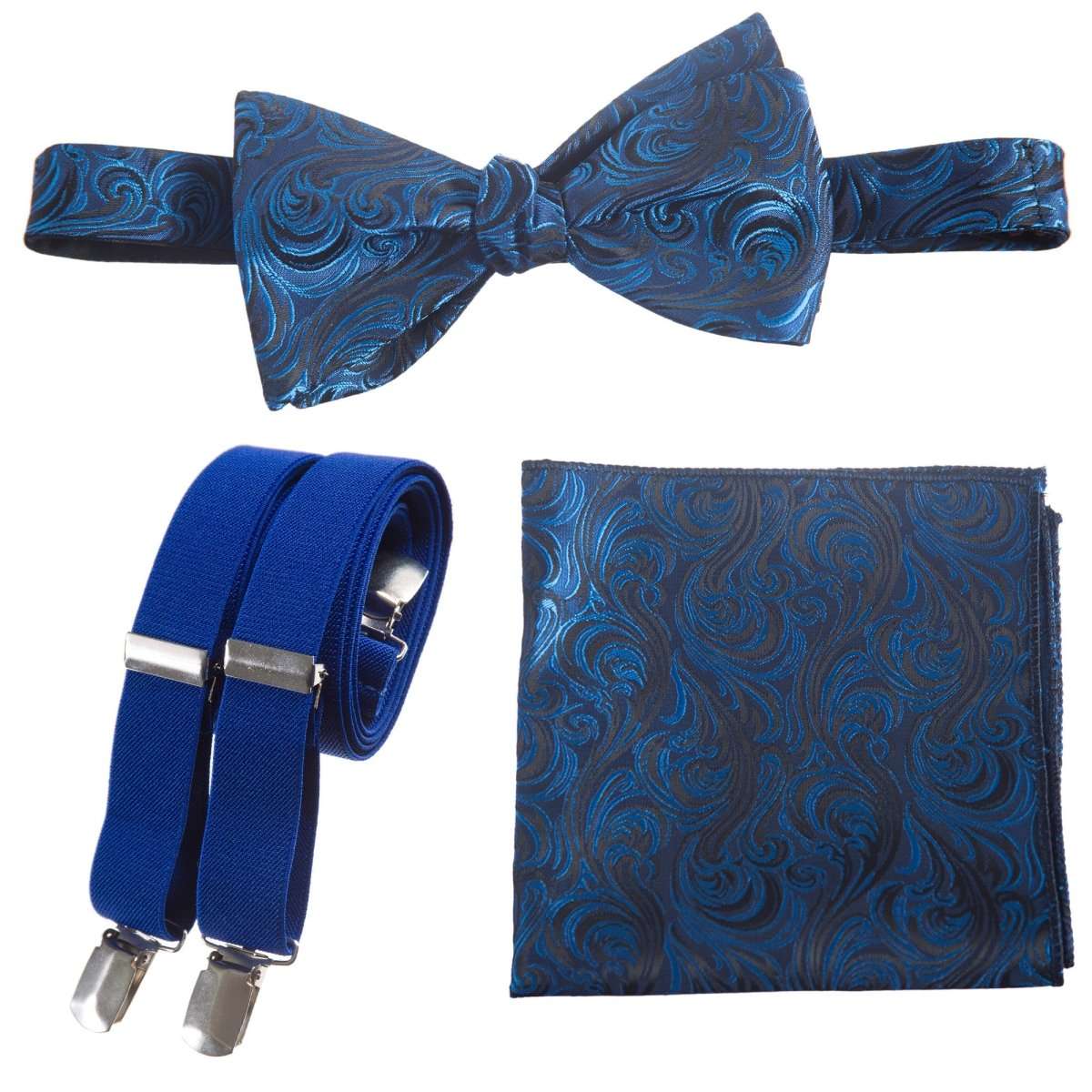 Self-tie Bow Tie & Pocket Square Paisley Jacquard with Adjustable Stretch Suspender - Tuxgear