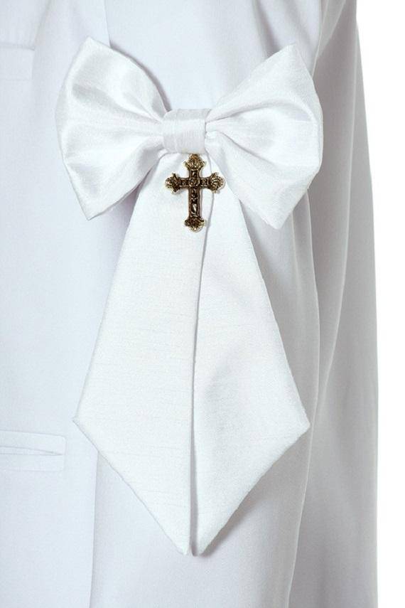 Boys First Holy Communion White Silk Shantung Armband with Religious Cross 