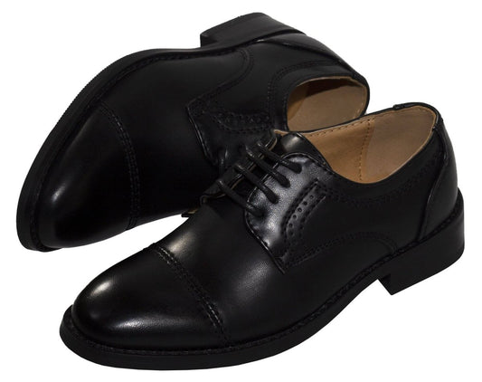 Boys Matte Black Cap Toe Lace-up Dress Shoes 