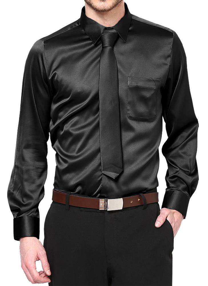 Boys Satin Long Sleeve Dress Shirt with Tie & Pocket Square Orange
