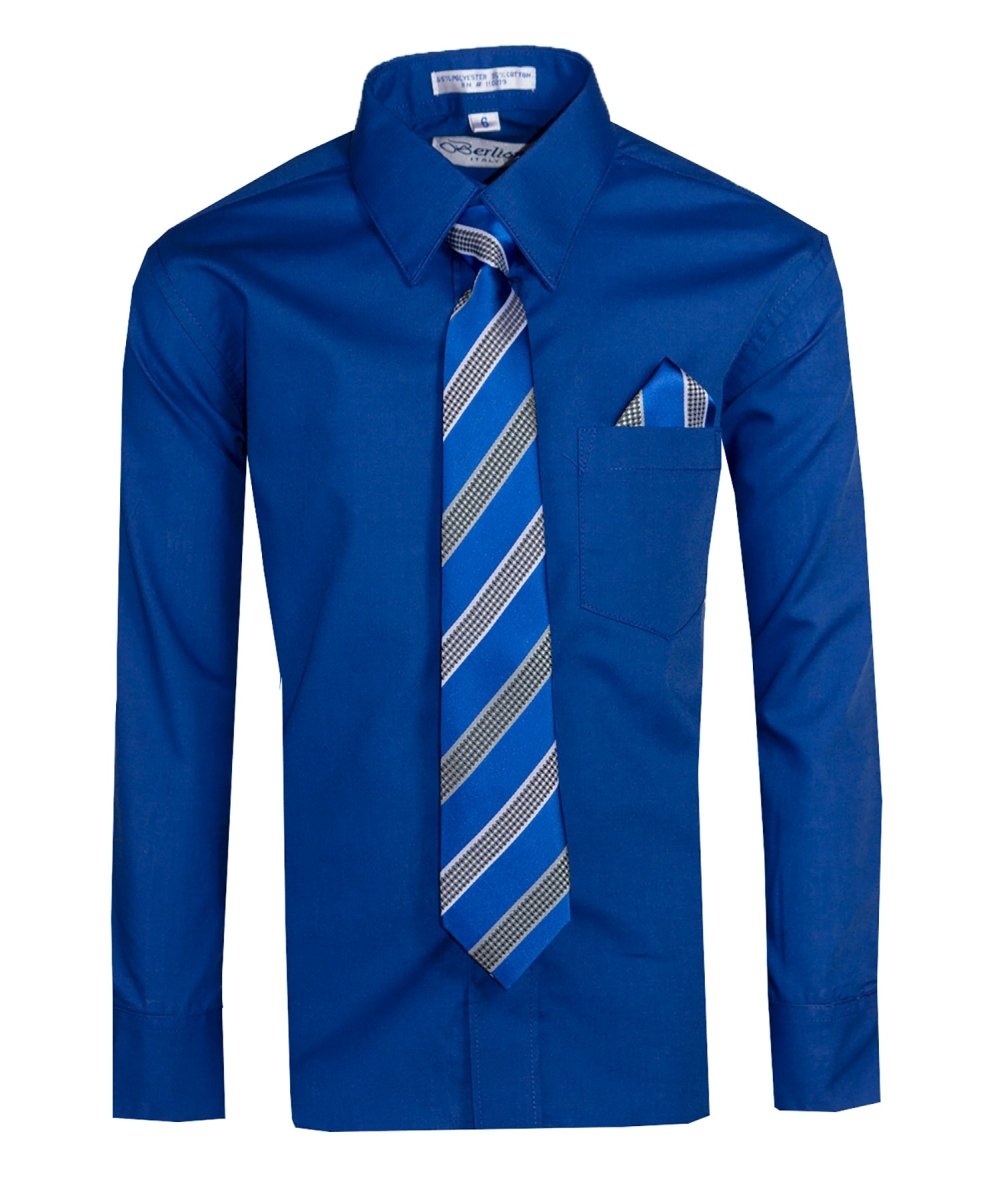 Boy's Dress Shirt with Designer Tie & Pocket Square – Formal Long Sleeve Button-Up in Multiple Colors 