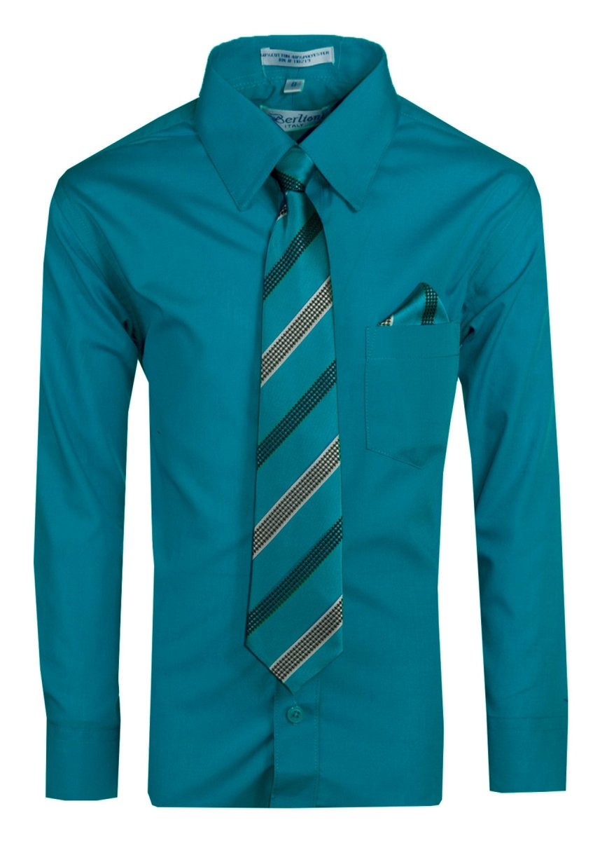 Boy's Dress Shirt with Designer Tie & Pocket Square – Formal Long Sleeve Button-Up in Multiple Colors 