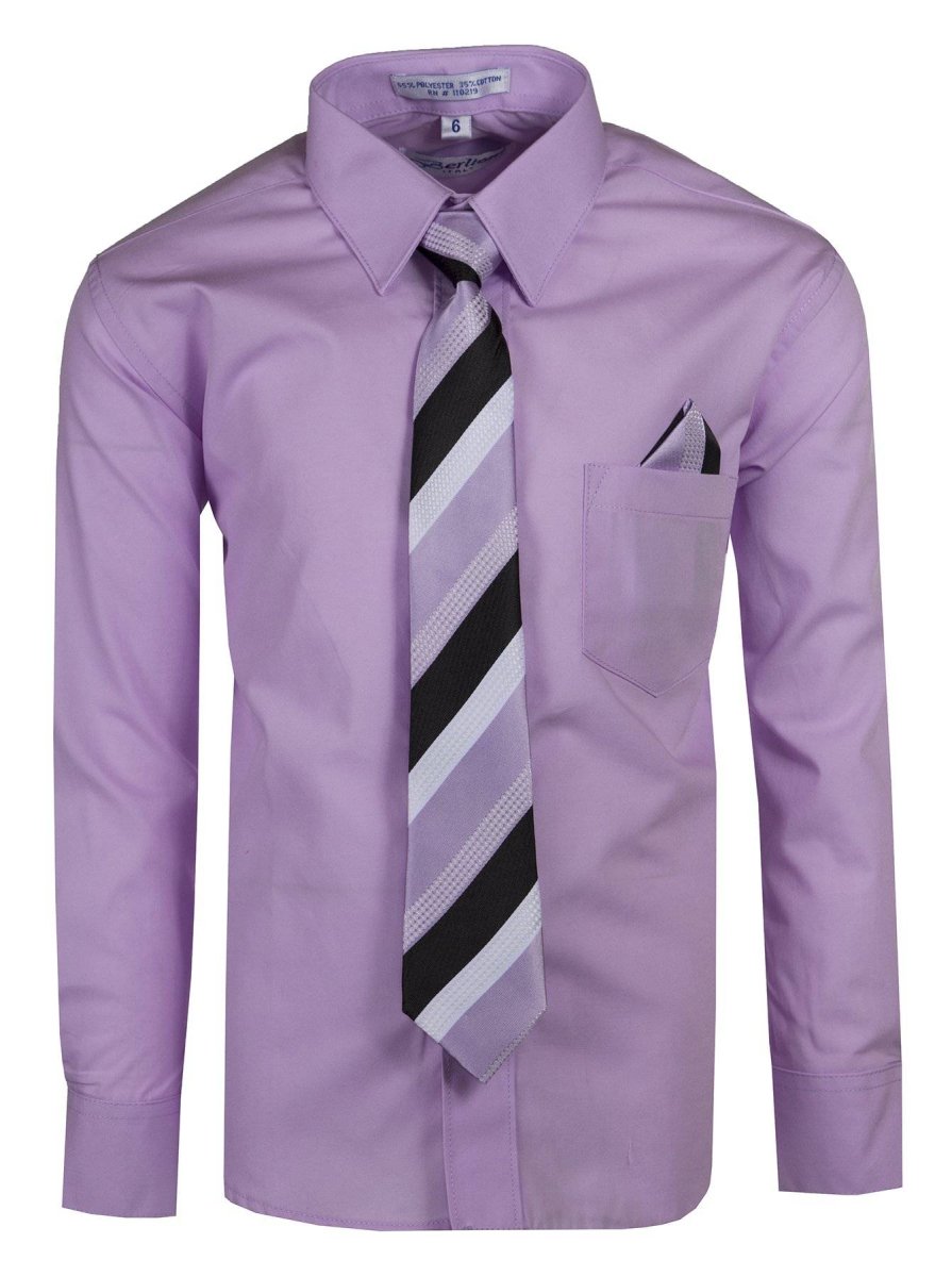 Boy's Dress Shirt with Designer Tie & Pocket Square – Formal Long Sleeve Button-Up in Multiple Colors 