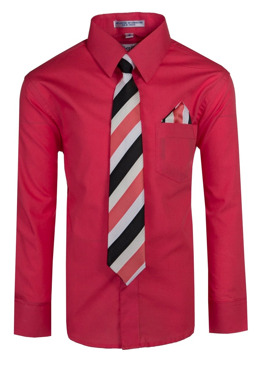 Boy's Dress Shirt with Designer Tie & Pocket Square – Formal Long Sleeve Button-Up in Multiple Colors 