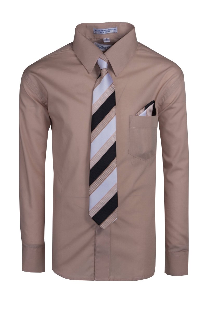 Boy's Dress Shirt with Designer Tie & Pocket Square – Formal Long Sleeve Button-Up in Multiple Colors 