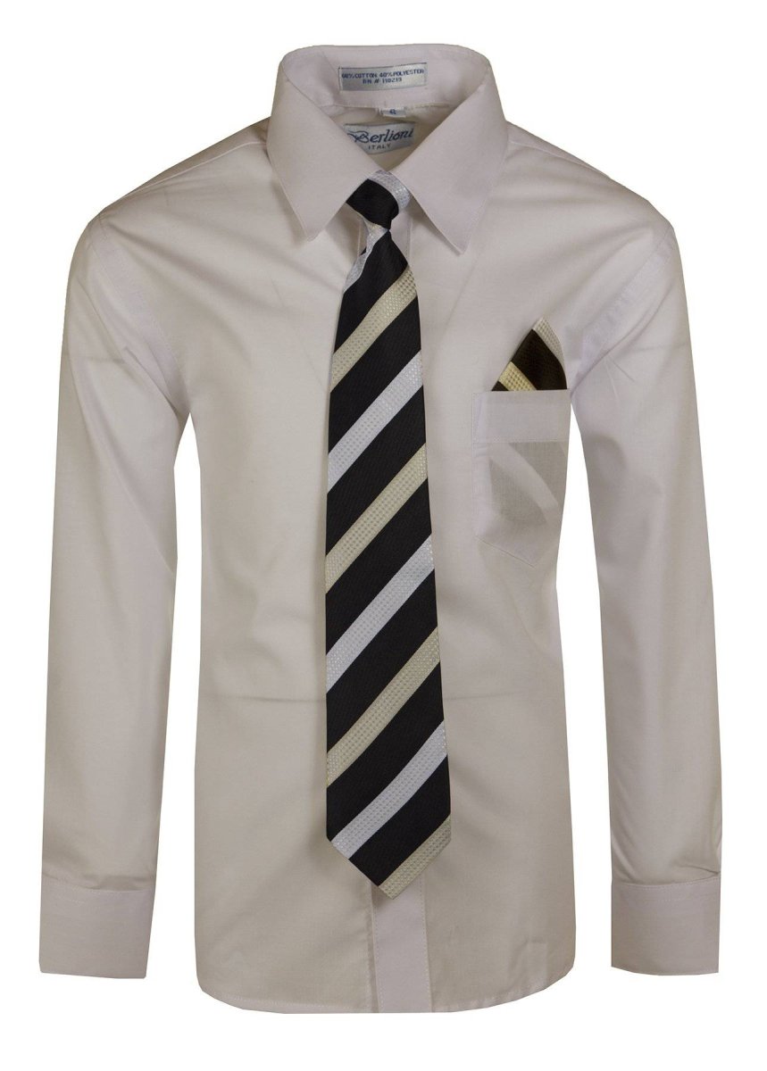 Boy's Dress Shirt with Designer Tie & Pocket Square – Formal Long Sleeve Button-Up in Multiple Colors 