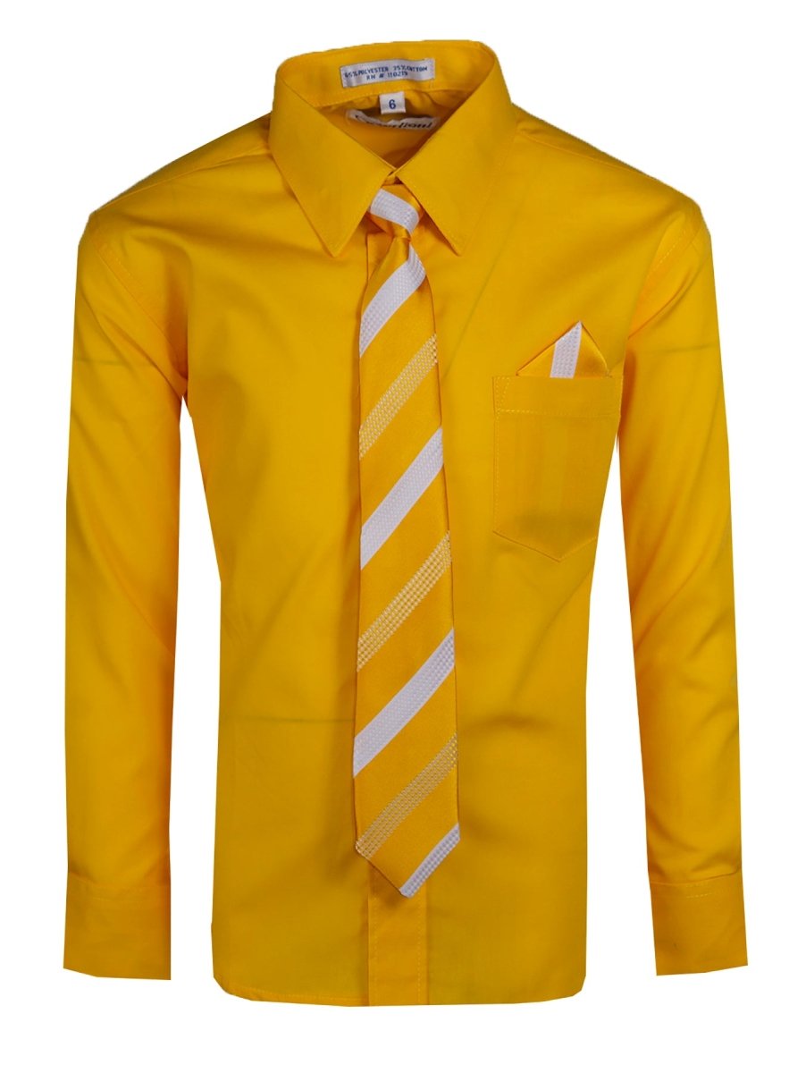 Boy's Dress Shirt with Designer Tie & Pocket Square – Formal Long Sleeve Button-Up in Multiple Colors 