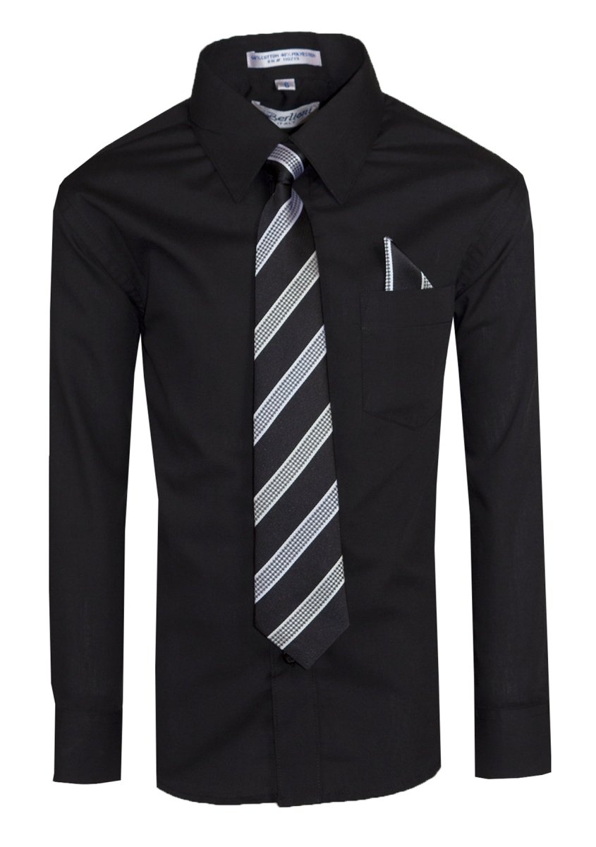 Boy's Dress Shirt with Designer Tie & Pocket Square – Formal Long Sleeve Button-Up in Multiple Colors 